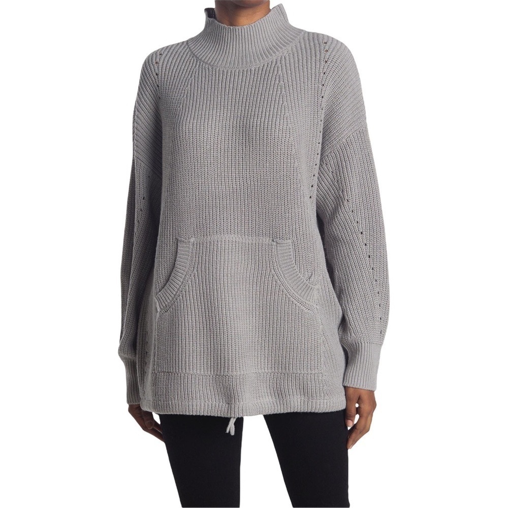 RDI Nordstrom Mock Neck Kangaroo Pocket Ribbed Tunic Sweater Grey Medium New